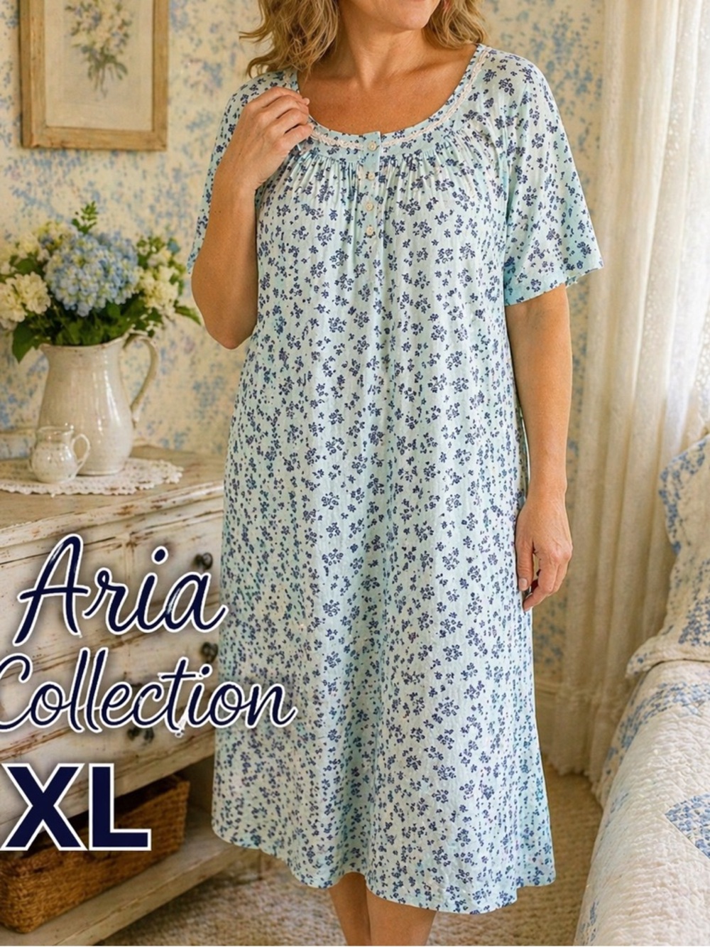 Aria Blue Floral Nightgown XL Pockets